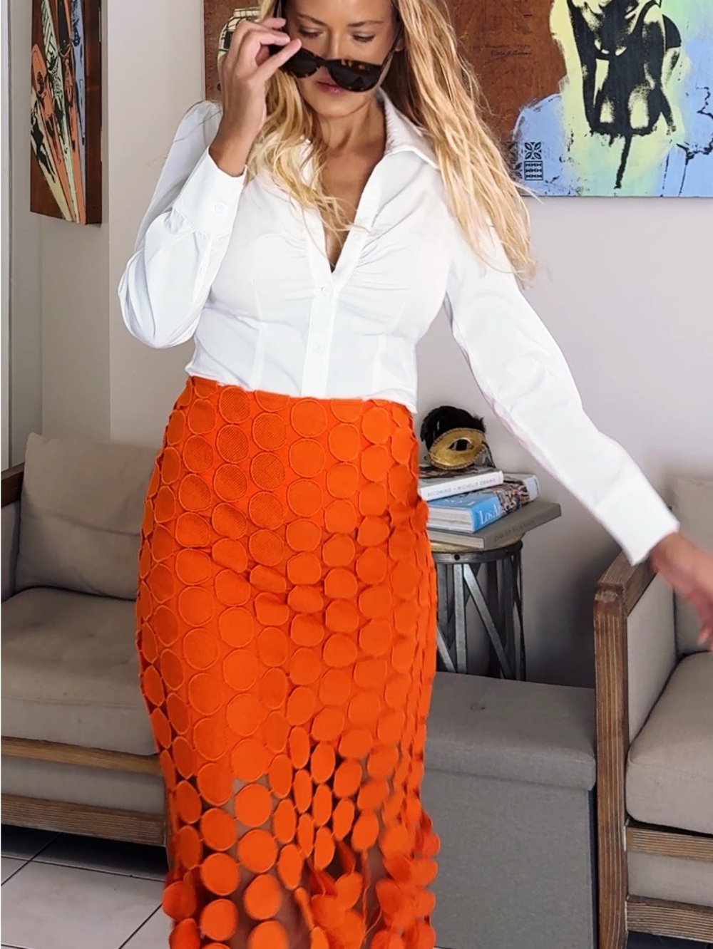 Orange Midi Skirt with Circle-Detail Fringe - Picture 5 of 9
